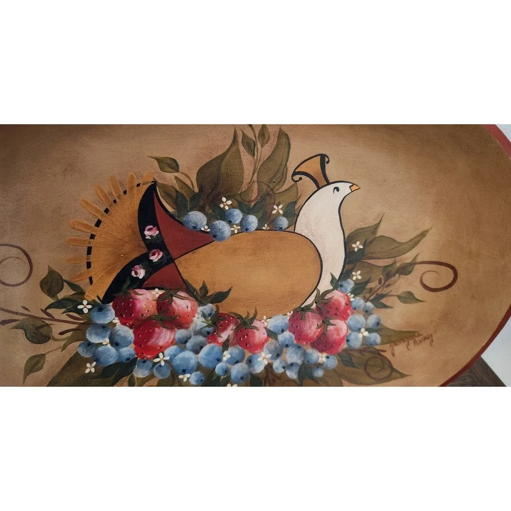 Vintage Handpainted Wooden Partridge Dove Folk Art Tray Bowl Wall Hanging Signed